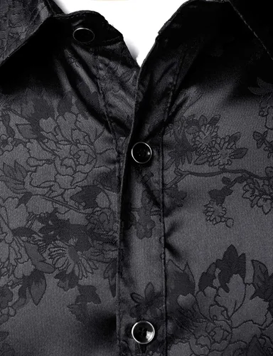 Vista 4 de ZEROYAA Camisas de vestir de manga larga con botones y estampado floral de satén brillante para hombre para fiesta de graduación