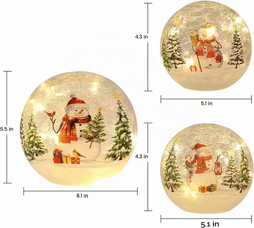 Vista 3 de YEAHOME Decoraciones de Navidad para interiores, juego de 3 bolas de cristal agrietadas de muñeco de nieve con luces LED, decoración del hogar