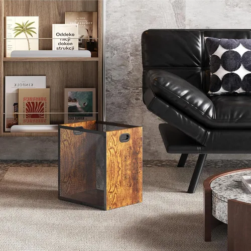Vista 5 de Huxitocan - Cubo de basura retro para oficina, combinación de hierro y madera para dormitorio, cesta de basura rectangular con asa, diseño