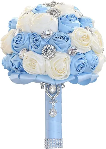 Vista 5 de Sharebeauty Ramo de novia de satén hecho a mano de 7.9 pulgadas, ramo de boda, ramo de flores artificiales