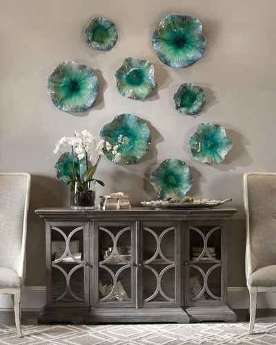 Vista 5 de MY SWANKY HOME Juego de arte de pared con almohadilla de lirio aguamarina turquesa 3 Escultura de flores azul colgante
