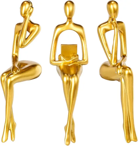 Vista 25 de BMLCGJ Estatua del pensador dorada, escultura de arte abstracto decorativa, figuras coleccionables de resina dorada para decoración del hogar, sala