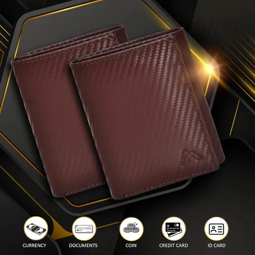 Vista 17 de Cartera de cuero RFID hecha a mano para hombres, elegante cartera de bolsillo frontal triple con 2 ranuras para identificación y 9 tarjetas, Azul