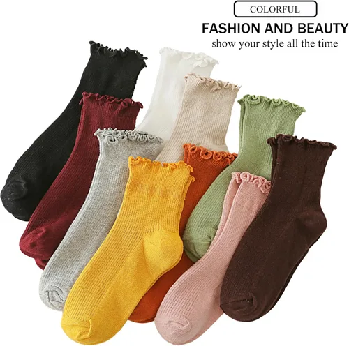 Vista 5 de UTTPLL Calcetines de cuello redondo con volantes para mujer, calcetines atléticos estéticos de lechuga para mujer, finos y encantadores calcetines