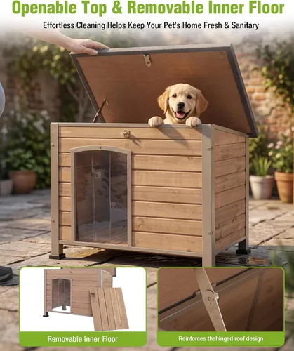 Vista 7 de Casa para perros de tamaño pequeño a grande, para interiores y exteriores, refugio para cachorros con piso elevado, perrera duradera e impermeable
