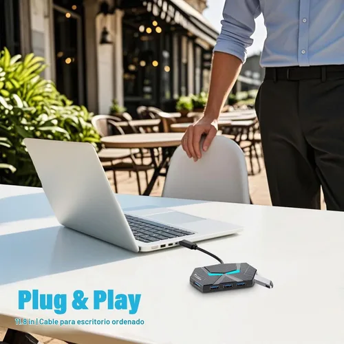 Vista 6 de Hub USB C 3.0 con 7 puertos, adaptador USB C multipuerto para transferencia y carga de datos, divisor de concentrador USB para laptop, escritorio