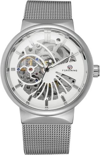 Vista 2 de FORSINING Reloj mecánico popular de esqueleto de malla de acero inoxidable ultrafino para hombre