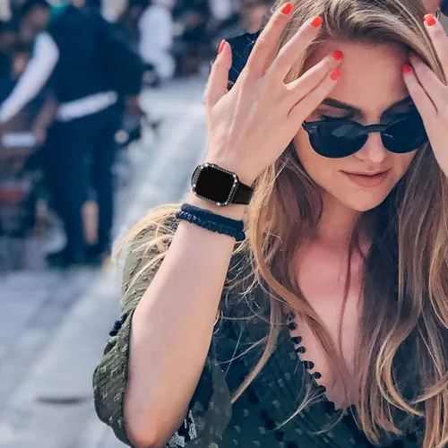 Vista 6 de Recoppa funda para Apple Watch con protector de pantalla con cristales brillantes y diamantes de imitación, ultrafina, funda con protección Negro