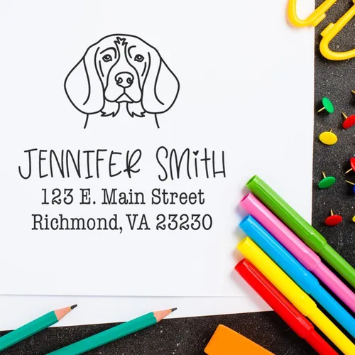 Vista 14 de Sello de dirección personalizado Basset Hound – Sello personalizable con nombre y dirección para sobres, ideal para amantes de los perros