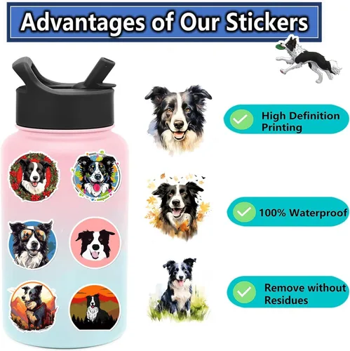 Vista 6 de 50 calcomanías para perros Border Collie, lindas calcomanías de vinilo impermeables para decoración de laptop, botella de agua, teléfono, ventana