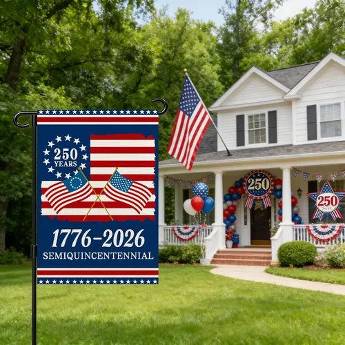 Vista 2 de Banderas de jardín con el 250 aniversario de Estados Unidos para exteriores, bandera de Estados Unidos del 250 aniversario 1776-2026, letrero