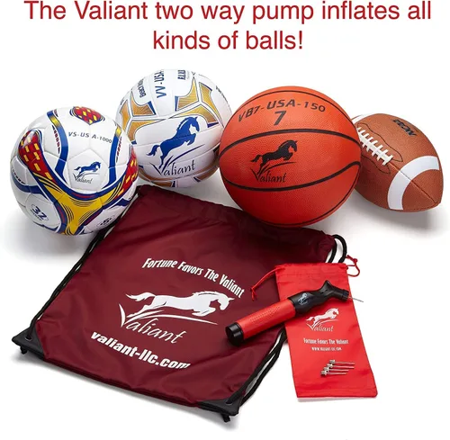 Vista 5 de Valiant Inflador de bola deportiva con 5 agujas y bolsa, bomba de aire portátil de doble acción con pasadores para inflar pelota de fútbol, fútbol