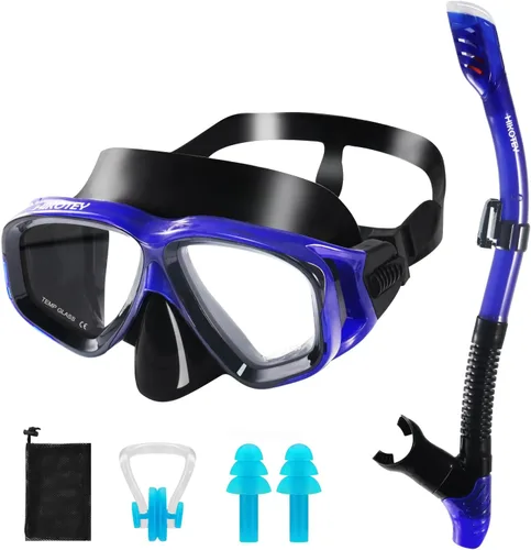Vista 9 de Juego de esnórquel para adultos, juego de máscara de esnórquel de secado completo para adultos, protección antivaho, unisex, vista panorámica HD