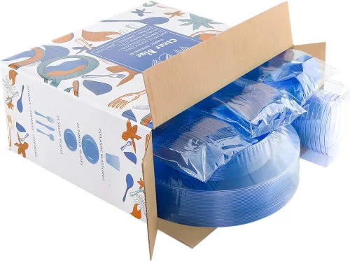 Vista 5 de WDF 25 platos azules para invitados con cubiertos desechables y vasos azules, vajilla de plástico transparente neón incluye 25 platos de cena