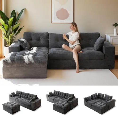 Vista 13 de MAXYOYO Sofá modular modular en forma de L de 96 pulgadas con otomana, sofá sin hueso con cojín en capas, sofá tapizado en una caja, combinación