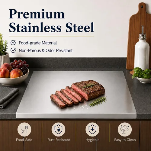Vista 2 de Tabla de cortar de acero inoxidable con labio, tabla de cortar de metal en forma de L para cocina, tabla de cortar grande para carne, frutas