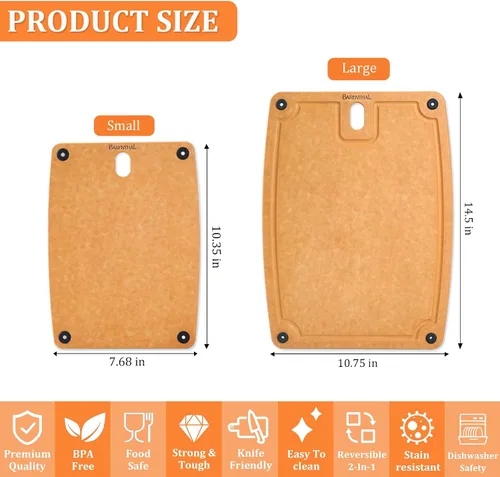 Vista 2 de Juego de 2 tablas de cortar para cocina, aptas para lavavajillas, ecológicas, tabla de cortar reversible con asas y ranuras para jugos, tabla