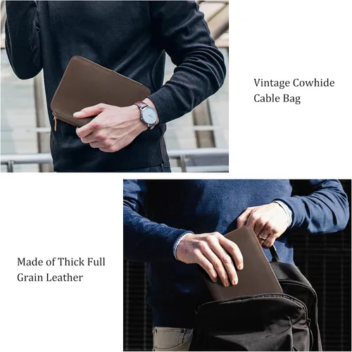 Vista 7 de Polare - Funda organizadora de cables de viaje de cuero de grano completo, bolsa de transporte de accesorios electrónicos de doble capa