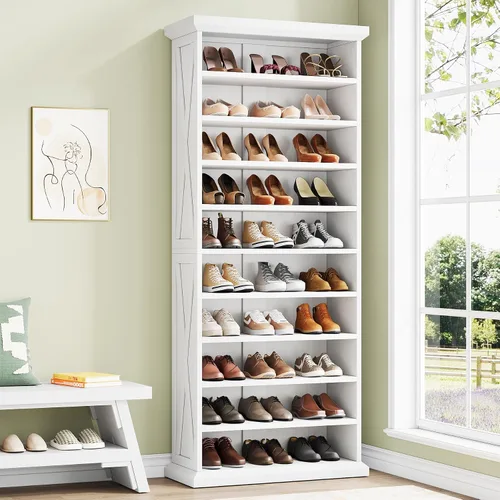 Vista 8 de Armario de almacenamiento de zapatos de 10 niveles con 8 estantes ajustables, zapatero de granja, organizador de zapatos alto independiente de 71