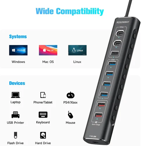 Vista 7 de Rosonway Hub USB 3.2/USB C alimentado de 10 puertos de 60 W con puertos USB-3.2 de 3 x 10 Gbps (2C + 1A), 4 puertos de datos USB 3.0, 1 USB-C PD y 2