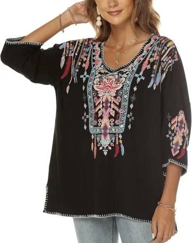 Vista 5 de Vakakado Blusas bordadas mexicanas bohemias para mujer, camisas tradicionales bohemias campesinas de manga 34, ropa hippie, blusa tipo túnica