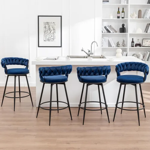 Vista 8 de Juego de 2 taburetes de bar giratorios modernos con respaldo tejido, taburetes de bar de terciopelo para isla de cocina, cafetería, pub, azul