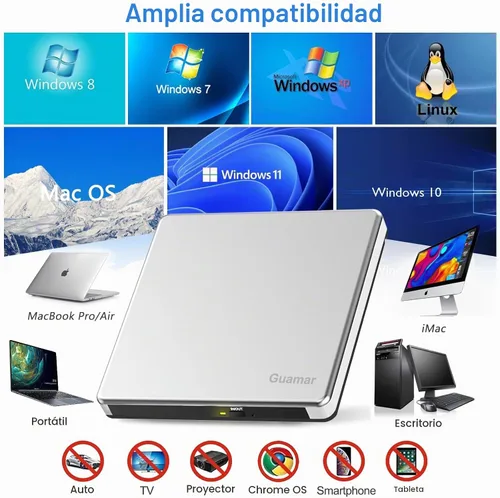 Vista 5 de Guamar Unidad de CD externa para Mac: Reproductor de quemador de DVD portátil para PC portátil con Windows 11 con ranura SD/TF 2 puertos USB - USB-C
