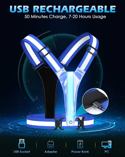 Vista 4 de Zacro LED Reflective Vest Running Gear, 5 Lights Colors High Visibility Reflective Gear Rechargeable Light Up Vest for Walking Running Cycling Azul