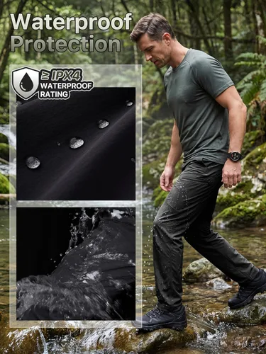 Vista 3 de FREE SOLDIER Pantalones de senderismo impermeables para hombre, pantalones cargo elásticos ligeros con 5 bolsillos Negro