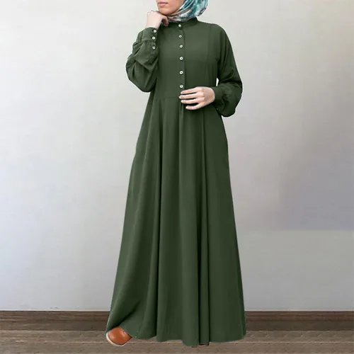 Vista 2 de Vestido largo de lino de algodón para mujer, de manga larga, con botones lisos, cuello redondo, para otoño, casual, hasta el tobillo