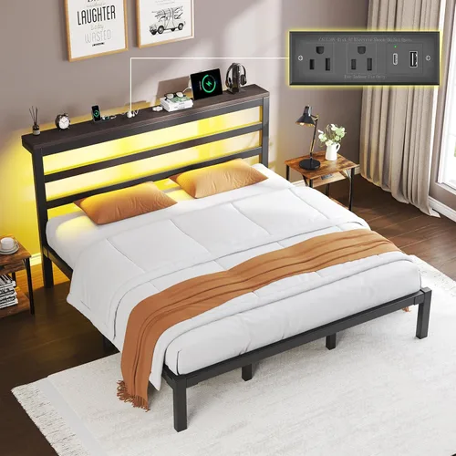 Vista 10 de E-Motie Marco de cama tamaño doble con cabecera de almacenamiento, plataforma industrial con estación de carga y luces LED, espacio