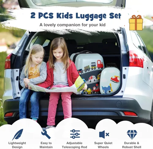 Vista 9 de Goplus Equipaje para niños, 2 piezas, 12 y 16 pulgadas, juego de equipaje de mano para niños con 4 ruedas giratorias, maleta ligera con ruedas