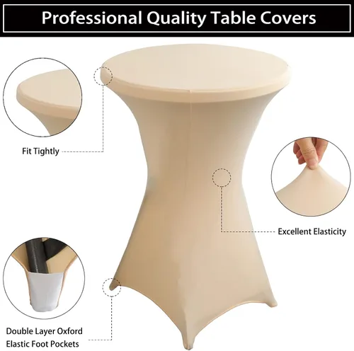 Vista 5 de Paquete de 2 Fundas para Mesa de Cóctel de Spandex Champán de 32x43 Pulgadas, Mantel de Cóctel Redondo Elástico, Funda de Mesa Highboy Ajustada