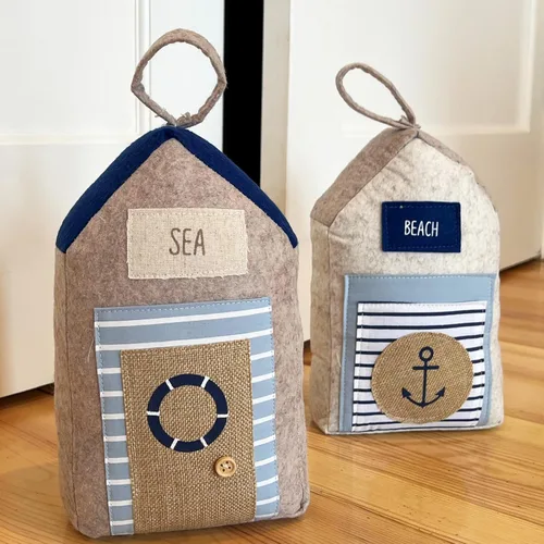 Vista 8 de Coastal Cabana - Topes suaves para puerta, yute, algodón, con bucle, pesados, 11.75 pulgadas, en forma de casa con ancla y adornos de tela salvavidas