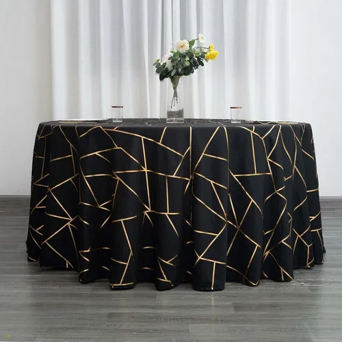 Vista 5 de Efavormart - Mantel redondo de poliéster de 120 pulgadas con patrón geométrico dorado Negro