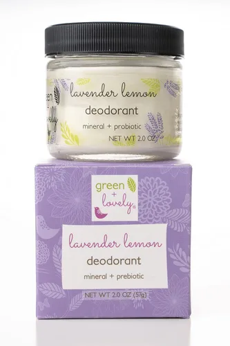 Vista 2 de Desodorante natural de lavanda y limón, fórmula mineral + probiótica. Vegano. Tarro de 2 onzas.