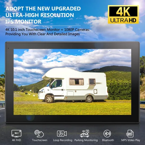 Vista 2 de Sistema de cámara de respaldo 4K RV de 10.1 pulgadas, monitor de pantalla táctil cuádruple dividida 4 cámaras de visión lateral trasera HD 1080P HD