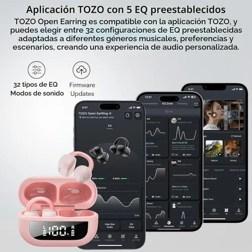 Vista 7 de TOZO OpenEarRing - Auriculares inalámbricos con clip abierto de 40 horas con Bluetooth 5.4 con diseño de pantalla digital inteligente, aptos