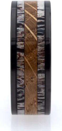 Vista 4 de Wapiti Incrustación de cuerno, turquesa y barril de whisky en anillo de tungsteno con caja de anillo incluida, Cuernos Madera de barril de whisky