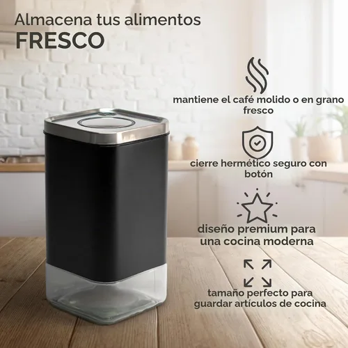 Vista 3 de Kaffe - Recipiente de vidrio para café (12 onzas) con tapa hermética, sello de clic para liberar, vidrio sin BPA y acero inoxidable, elegante