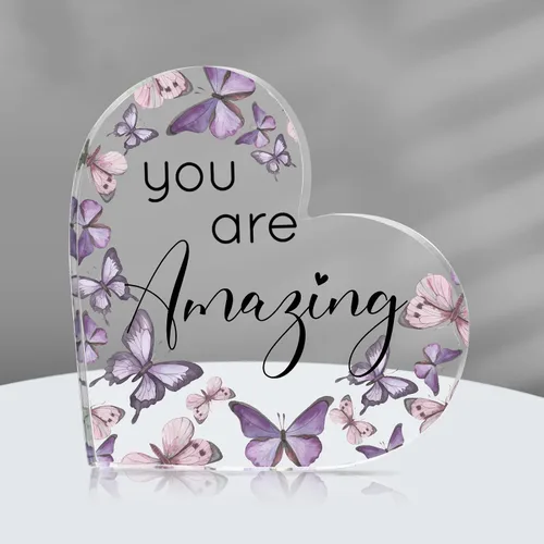 Vista 8 de Yulejo - Regalo inspirador de mariposa con texto en inglés «You Are Amazing Love», decoración de mariposa con forma de corazón de acrílico