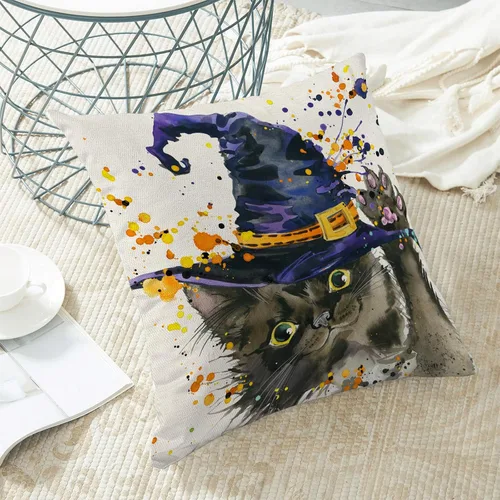 Vista 4 de Juego de 2 fundas de almohada de Halloween de 18 x 18 pulgadas, fundas decorativas de Halloween con sombrero de gato y bruja, fundas de almohada