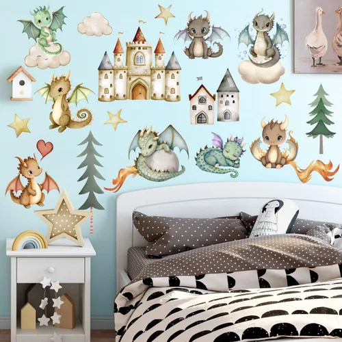 Vista 6 de Calcomanías de pared de dinosaurios de dibujos animados 3D, lindos castillos de dinosaurios para bebé, calcomanías de pared extraíbles de acuarela