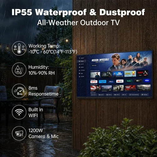 Vista 3 de TV al aire libre de 55 pulgadas 4K UHD Smart TV, 1000 Nit Parcial Sun