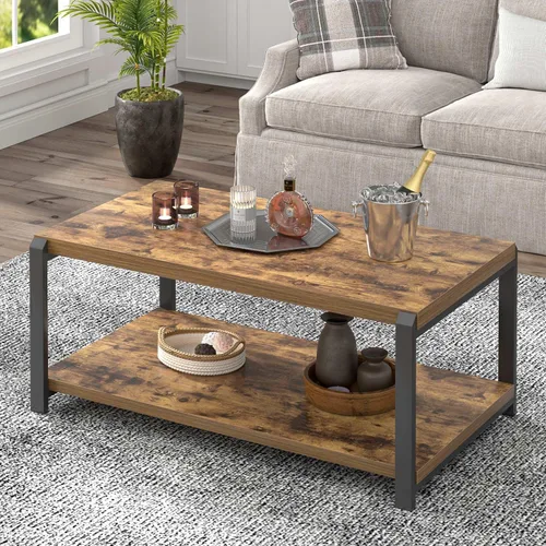 Vista 13 de EXCEFUR Mesa de café negra, mesa central moderna de madera rústica para sala de estar, mesa de té industrial rectangular de cóctel con estante