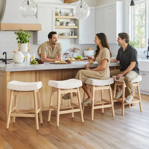 Vista 3 de Cozyman Juego de 3 Taburetes de Bar, Taburetes de Bar con Patas de Madera Resistentes, Taburetes de Bar de Altura de Mostrador con Asiento Tipo Beige