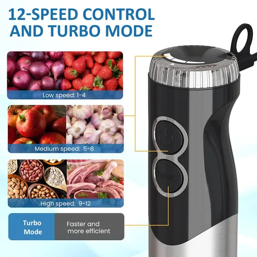 Vista 3 de Batidora de mano profesional de 1000 W, licuadora de inmersión de 12 velocidades con 10 accesorios, picadora de alimentos de 20 onzas, batidor