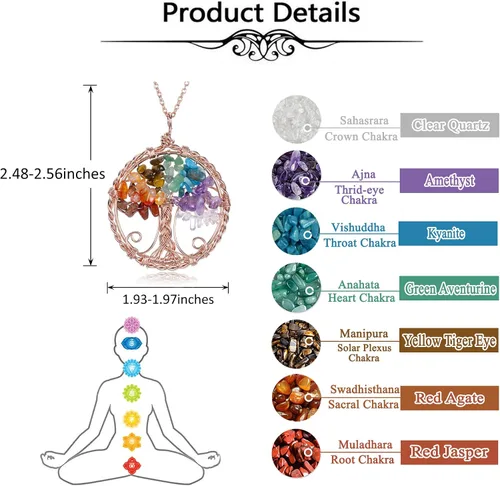 Vista 6 de Top Plaza Collar de cristal curativo de 7 chakras, árbol de la vida, envuelto en alambre, collar con colgante de piedra reiki, joyería de cuarzo