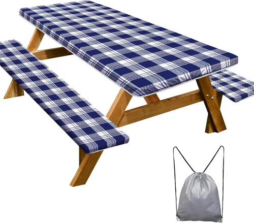 Vista 41 de Funda de mesa de picnic con fundas para bancos Esenciales de camping Mantel de picnic impermeable y a prueba de viento con bolsa de cordón, funda