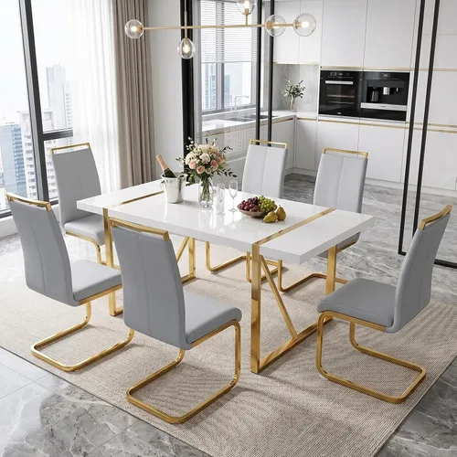Vista 10 de Conjunto de mesa de comedor blanco Ebullient para 4, mesa rectangular de MDF y sillas de comedor de cuero sintético negro, juego de mesa de comedor